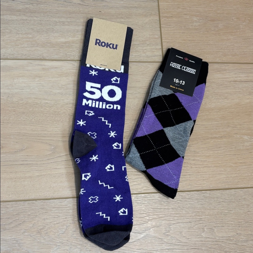 Royal Classic Men’s Argyle Socks NWT Purple/Black/Gray & ROKU socks